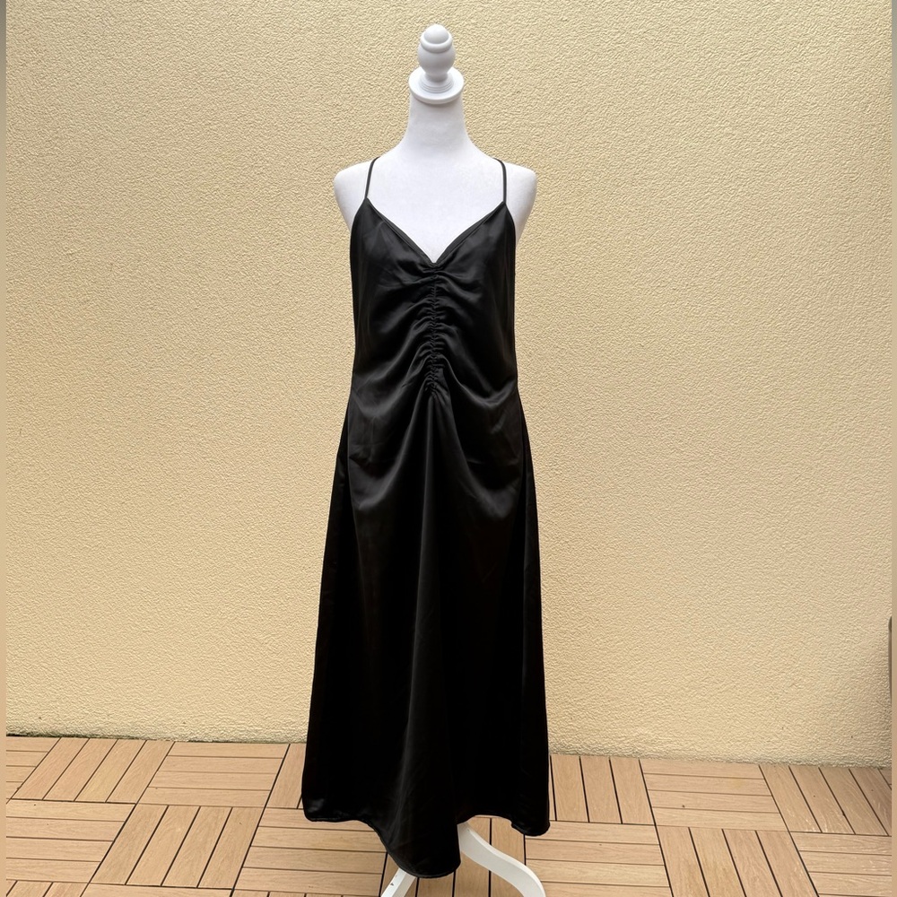 NWT Jason Wu black satin spaghetti strap cocktail open back midi dress